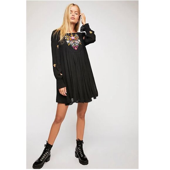 Free People | Mohave Floral Black Embroidered Boho Swing Dress Sz. M - Picture 9 of 10